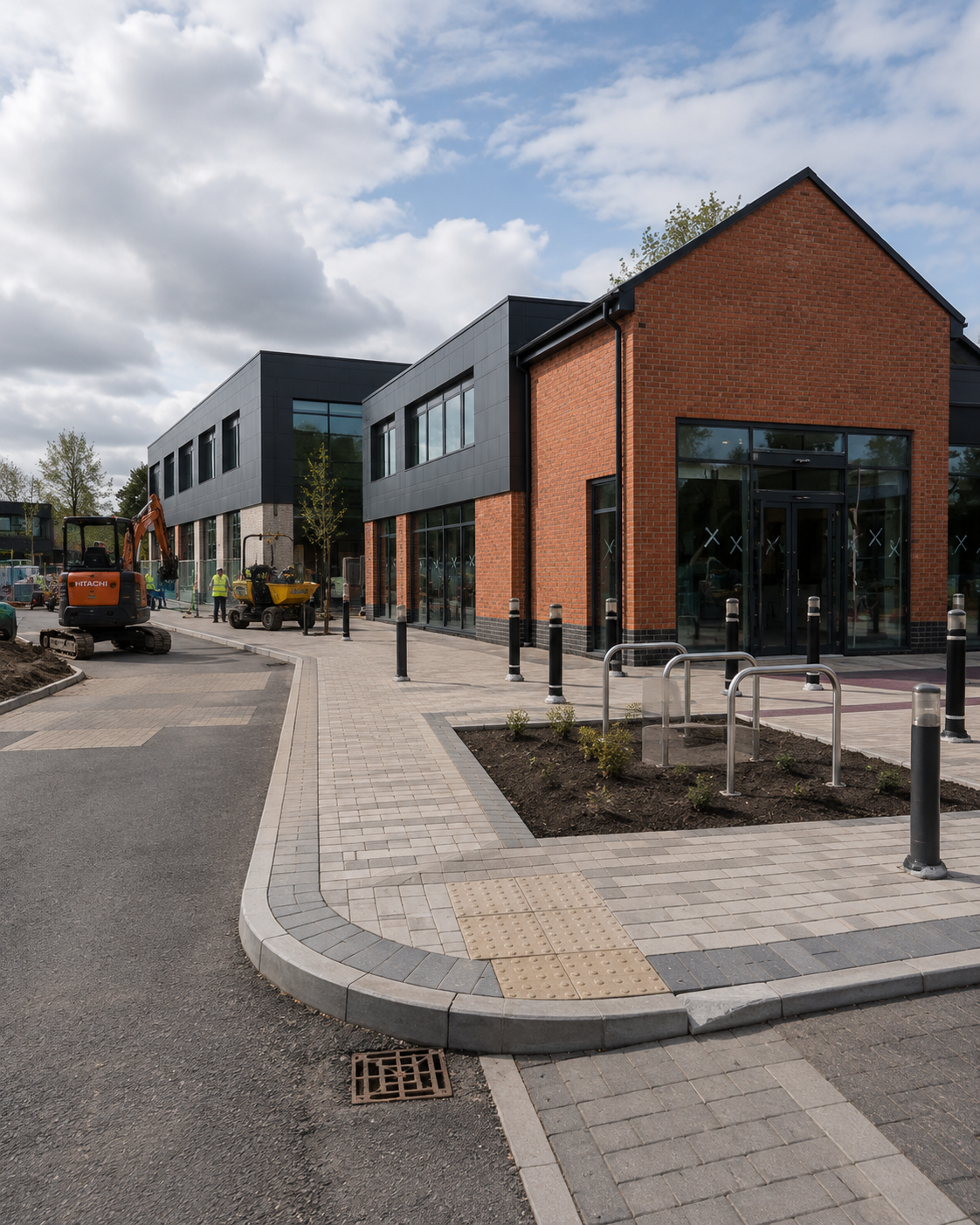Newly completed commercial building with landscaped forecourt