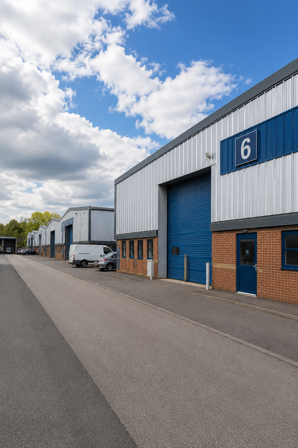Industrial estate units with roller shutter doors and service road
